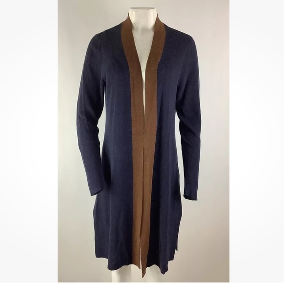 Eileen Fisher Sweaters - Eileen Fisher Sz M Lightweight Duster Cardigan Blue Brown Trim Tencel Silk